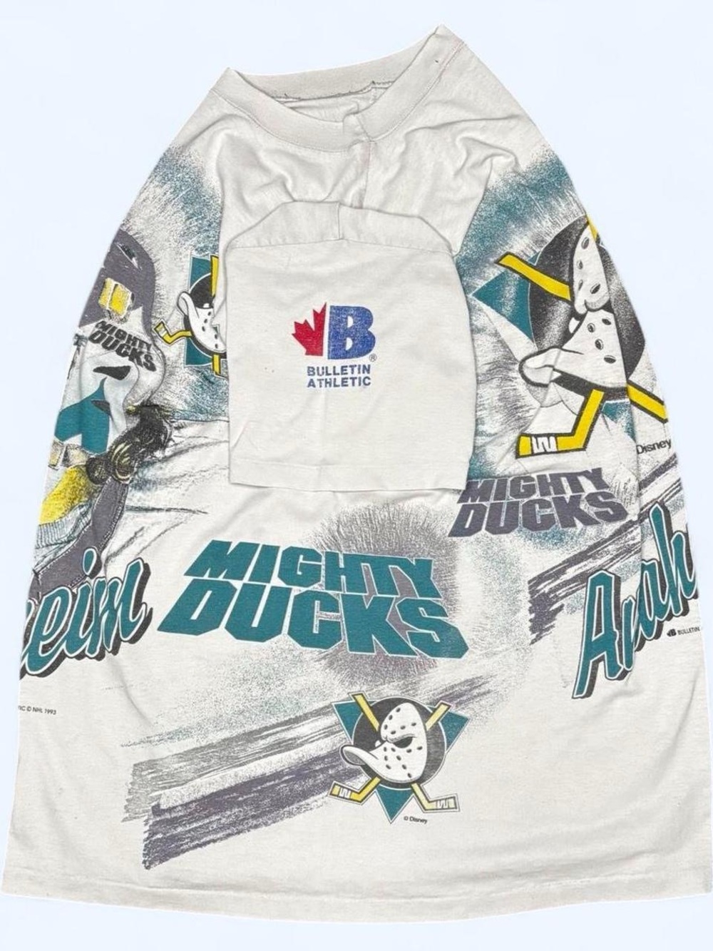 1993 Anaheim Mighty Ducks Bulletin Athletic AOP Vintage NHL T-Shirt NHL Hockey - Picture 7 of 8